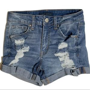 Aeropostale High Waisted Midi Denim Stretch Booty Shorts, Sz 2 Ripped Distressed